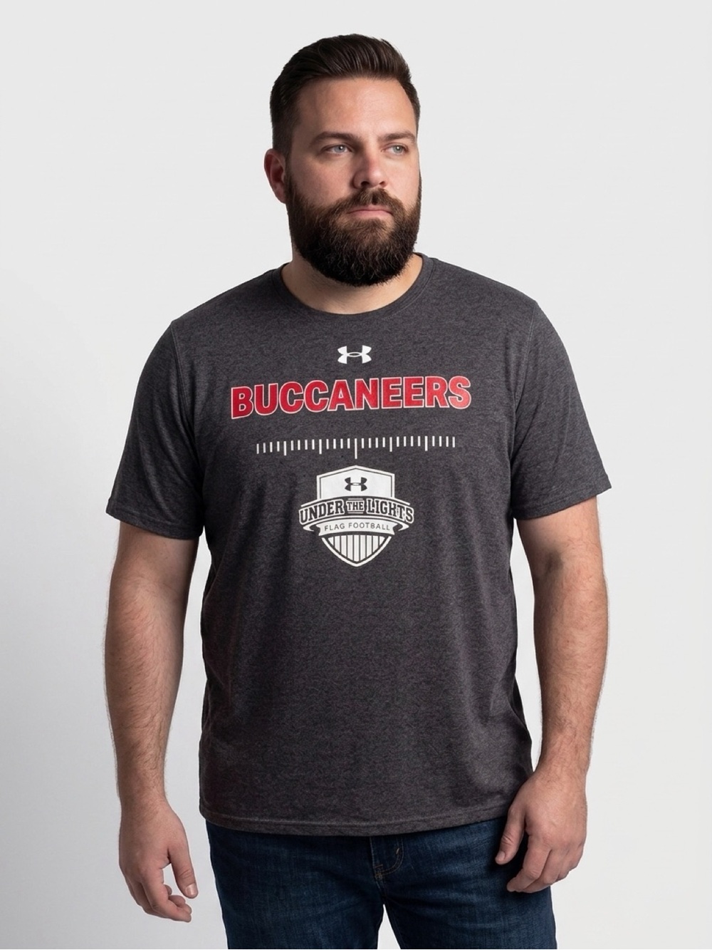 Under Armour Charcoal Tee with Red Buccaneers Text and White Crest